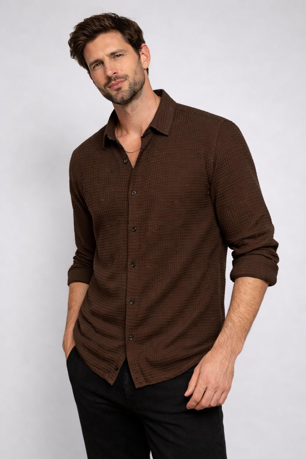 Men’s Teal Waffle-Knit Textured Shirt