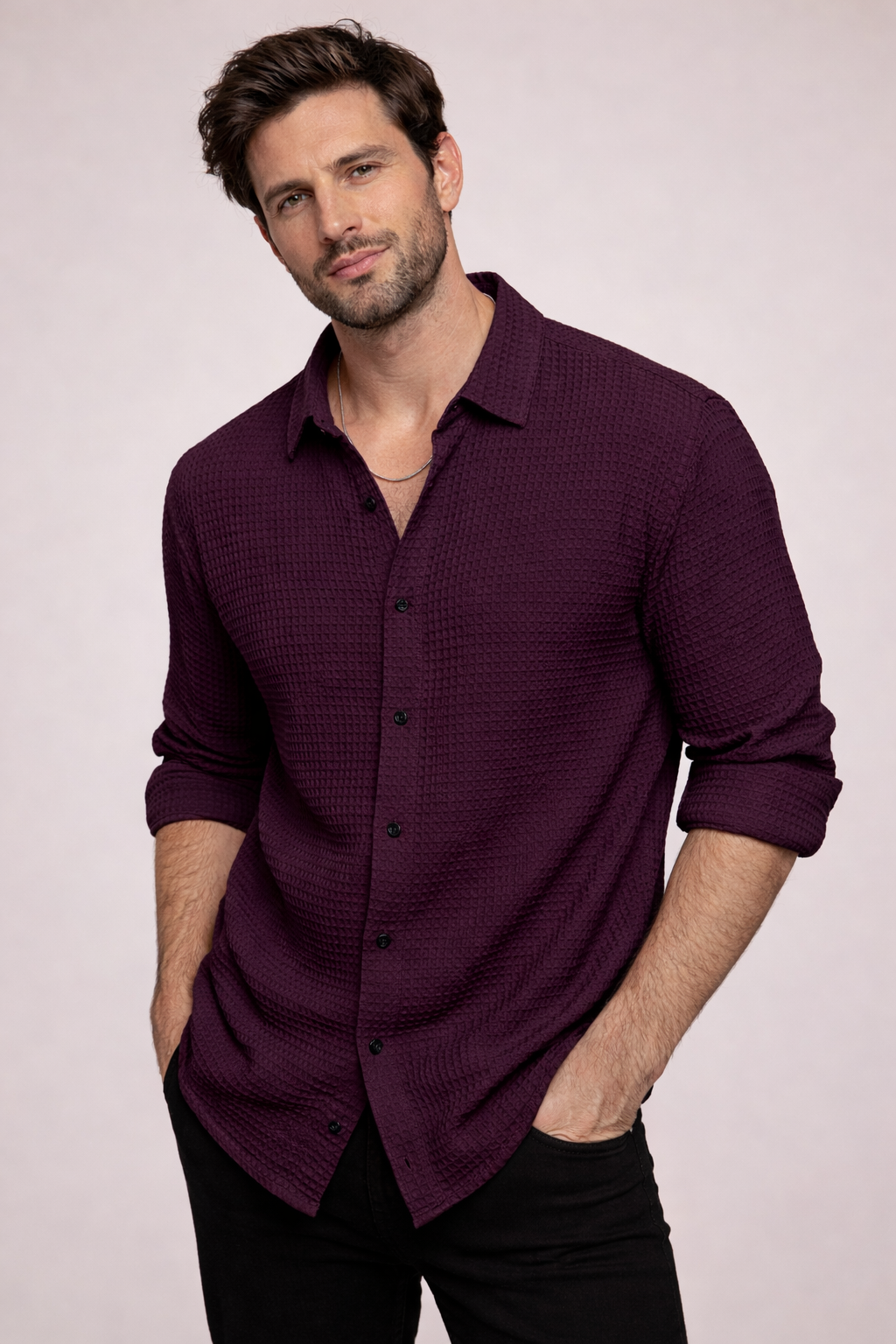 Men’s Teal Waffle-Knit Textured Shirt