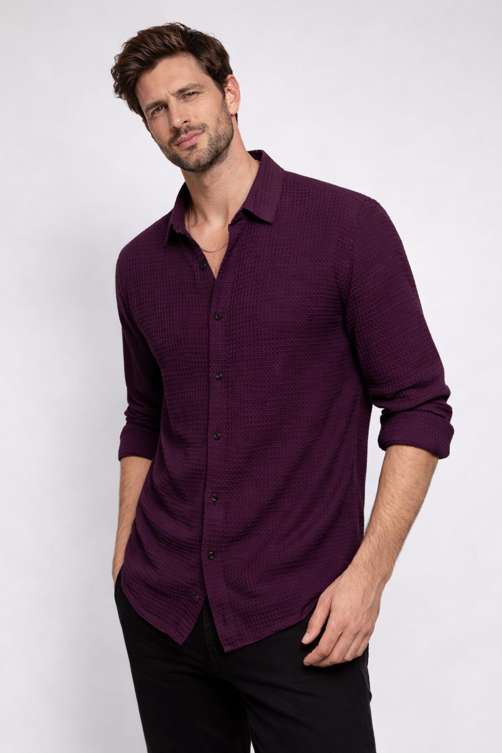 Men’s Teal Waffle-Knit Textured Shirt