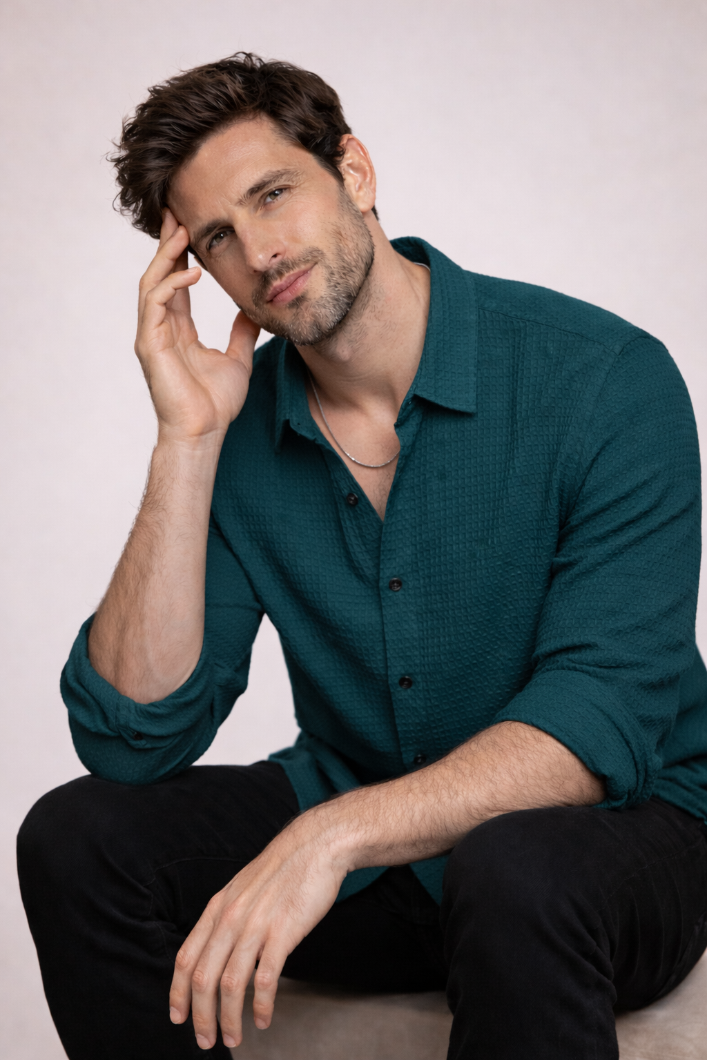 Men’s Teal Waffle-Knit Textured Shirt