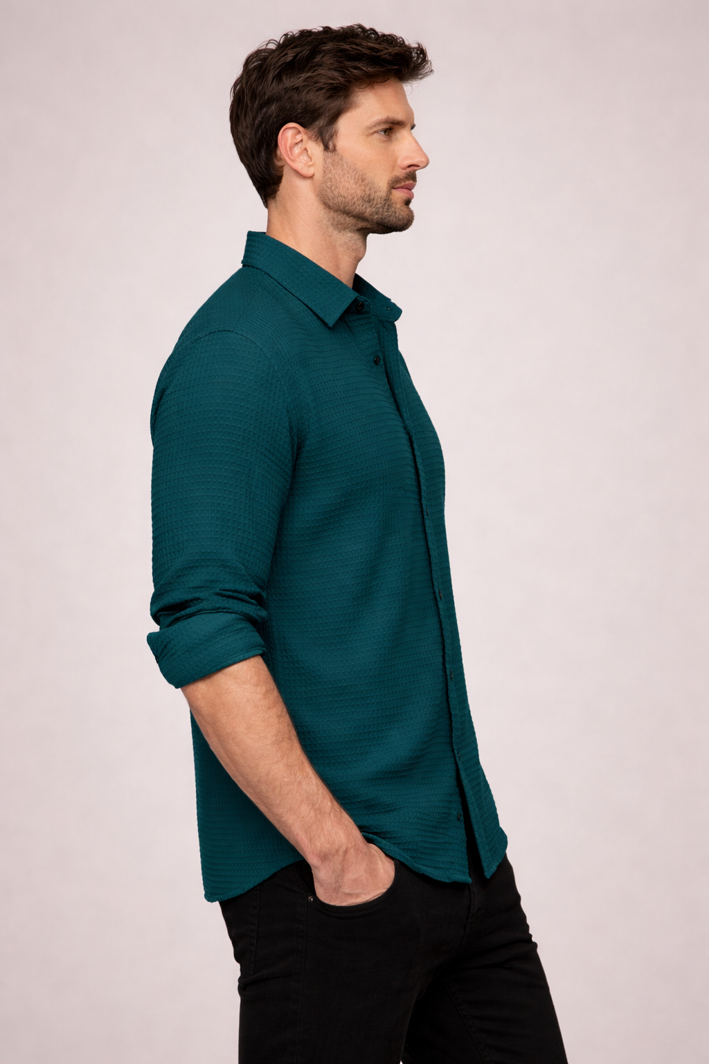 Men’s Teal Waffle-Knit Textured Shirt
