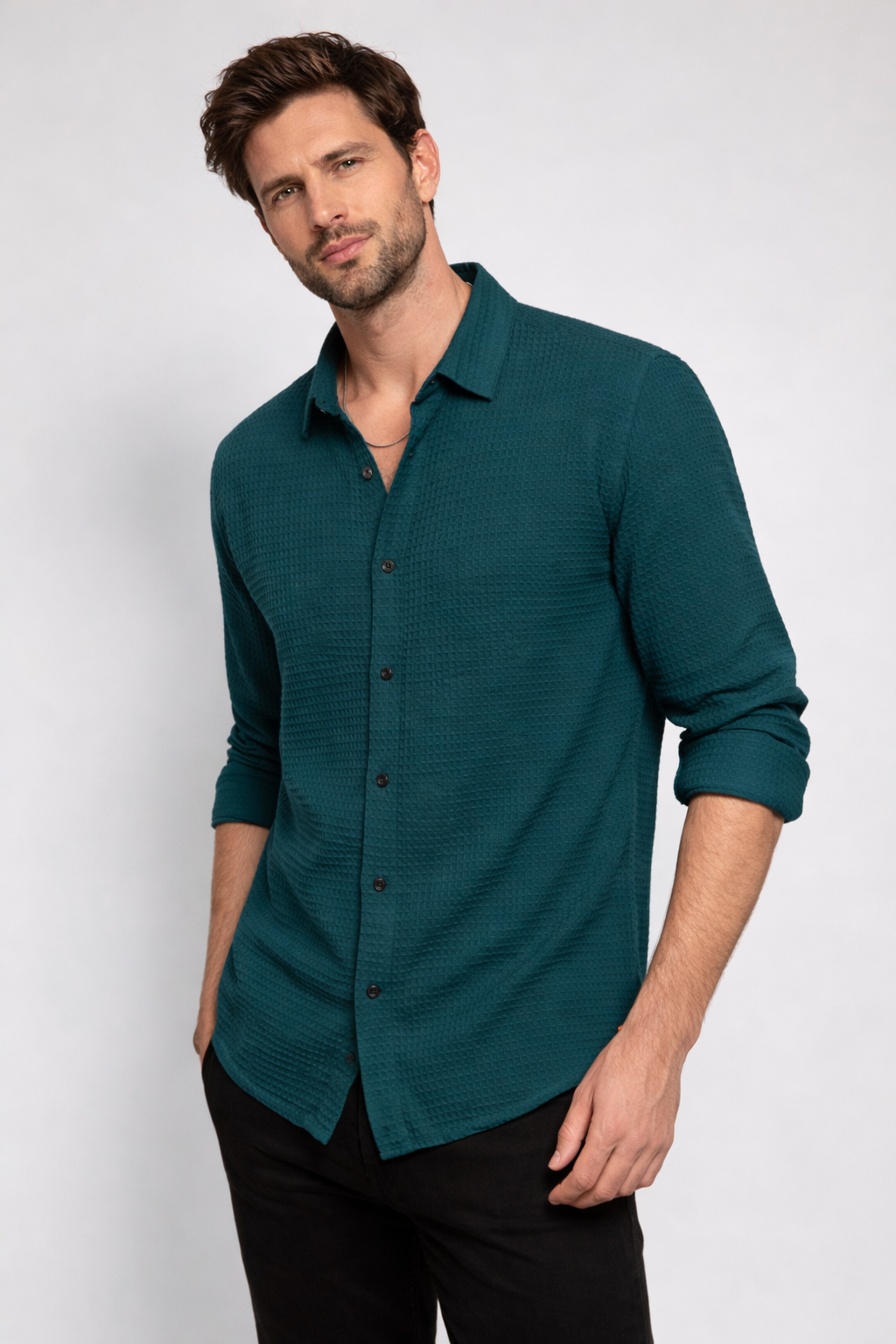 Men’s Teal Waffle-Knit Textured Shirt