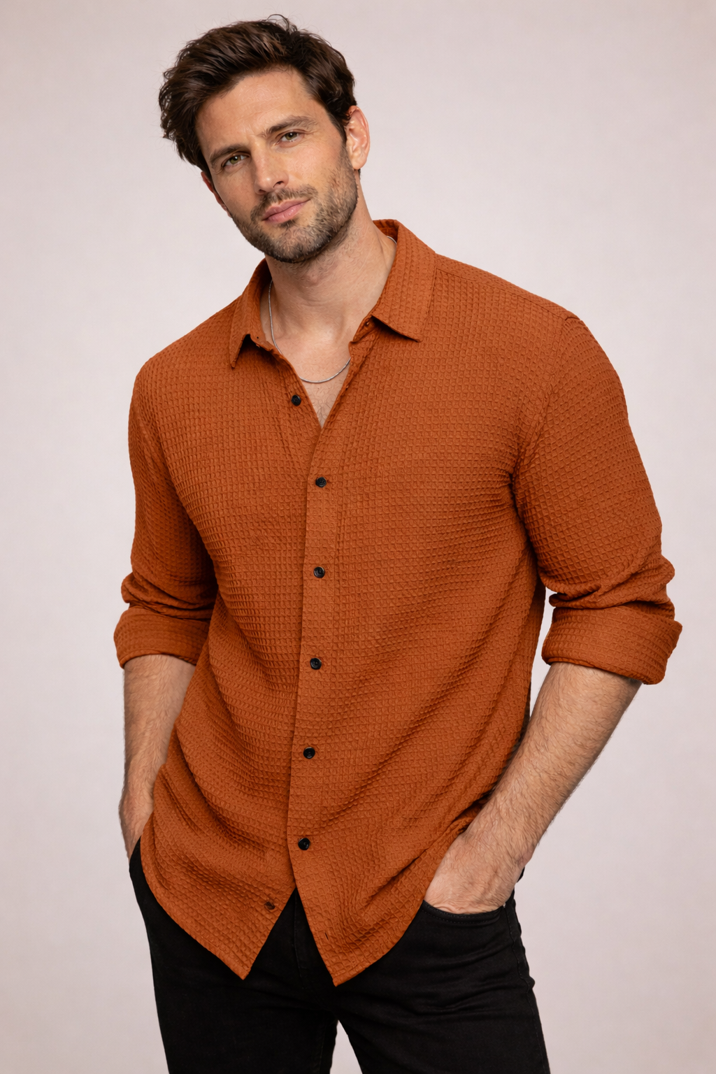 Men’s Teal Waffle-Knit Textured Shirt