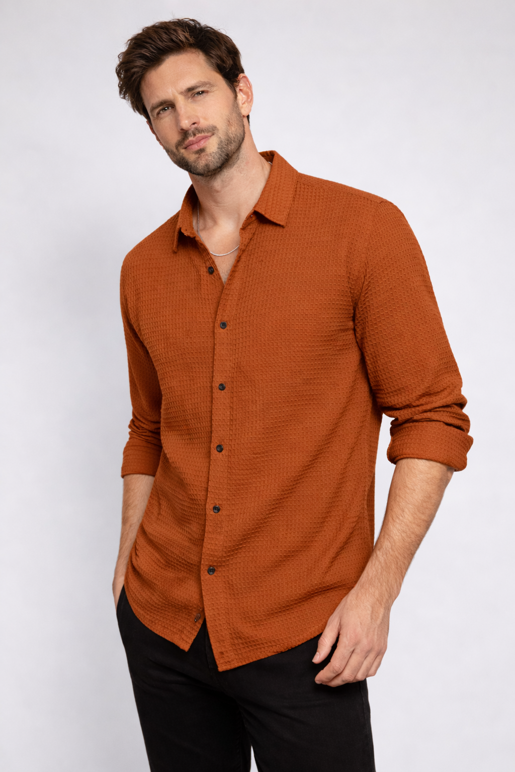 Men’s Teal Waffle-Knit Textured Shirt