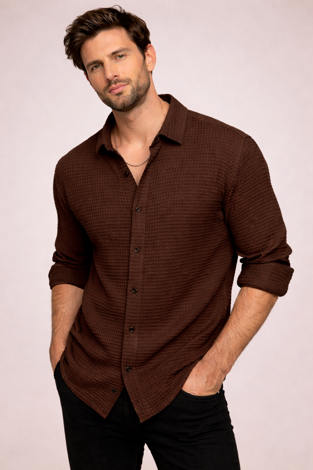 Men’s Teal Waffle-Knit Textured Shirt